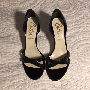 Butter black patent open toe heels. Size 8